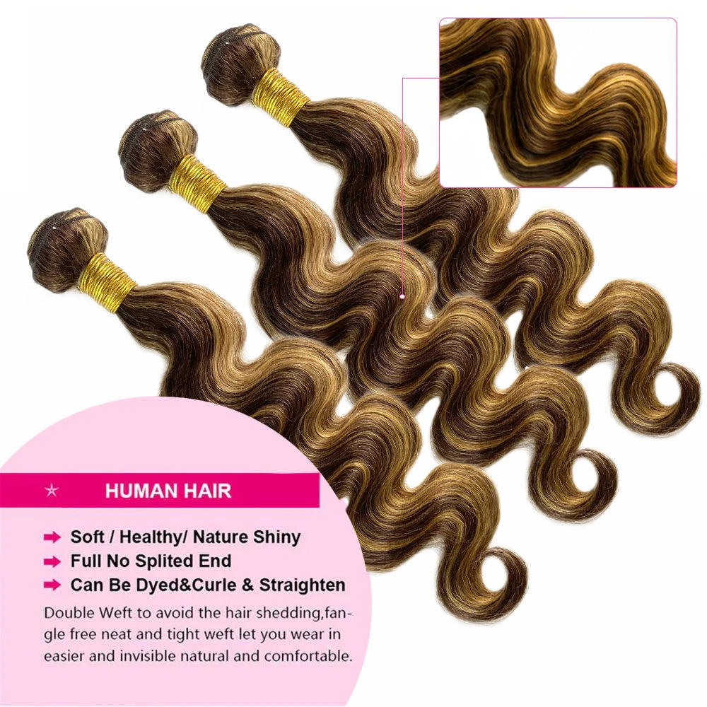 Highlight Bundles With Closure Frontal Brazilian Body Wave Ombre Blonde Human Hair Tissage Bundle With 13x4 Frontal P4/27 Color