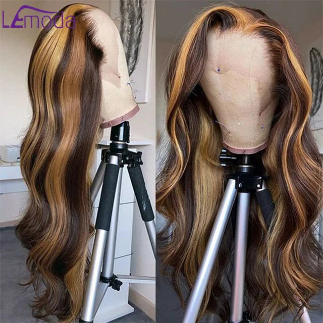 Lemoda Ombre Highlight Human Hair Wigs Virgin Brazilian Bone Straight HD Transparent Human Hair Lace Front Wigs for Black Women