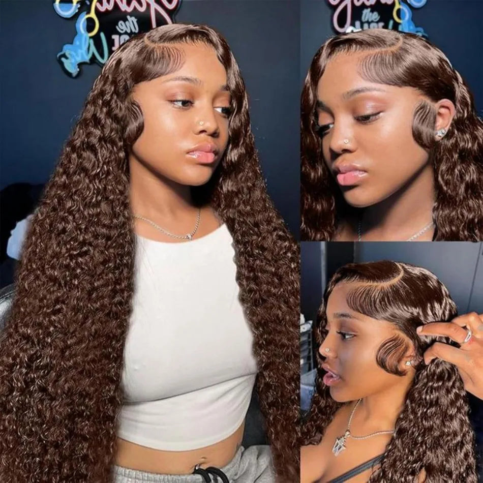 Chocolate Brown Deep Wave Human Hair Wigs Brazilian Curly Lace Front Wig 250 Density 13X6 Hd Lace Frontal Wig Preplucked 30 Inch