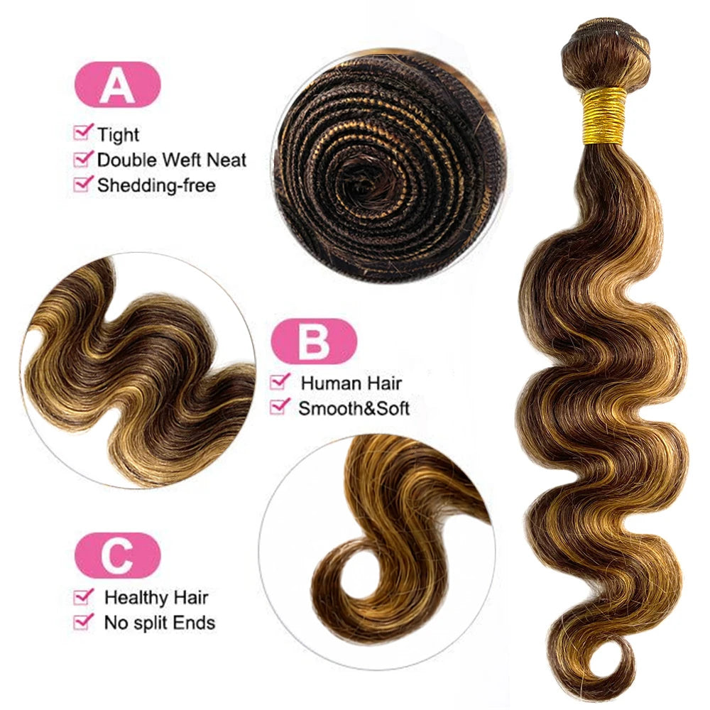 Highlight Bundles With Closure Frontal Brazilian Body Wave Ombre Blonde Human Hair Tissage Bundle With 13x4 Frontal P4/27 Color