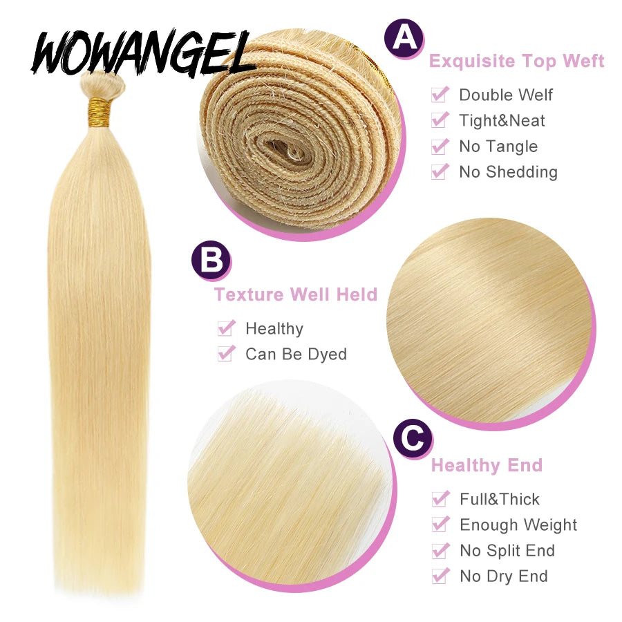 WOWANGEL 3/4 613 Honey Blonde Color Hair Extension Brazilian Hair Weave Bundles 26 28 30inches Straight Remy Human Hair Bundles