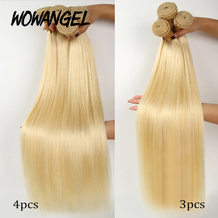 WOWANGEL 3/4 613 Honey Blonde Color Hair Extension Brazilian Hair Weave Bundles 26 28 30inches Straight Remy Human Hair Bundles