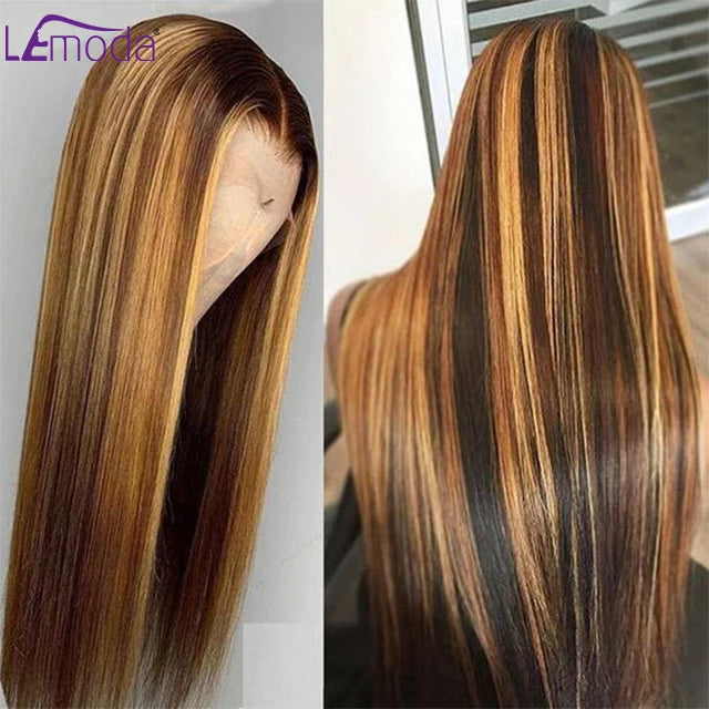 Lemoda Ombre Highlight Human Hair Wigs Virgin Brazilian Bone Straight HD Transparent Human Hair Lace Front Wigs for Black Women