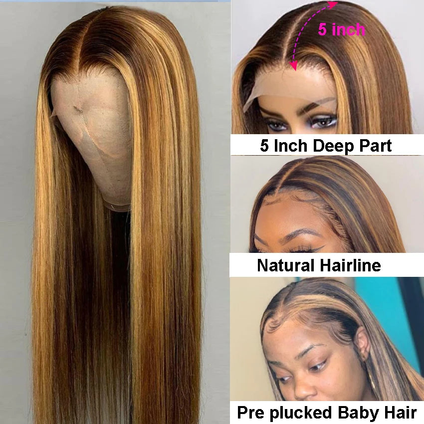 Lemoda Ombre Highlight Human Hair Wigs Virgin Brazilian Bone Straight HD Transparent Human Hair Lace Front Wigs for Black Women