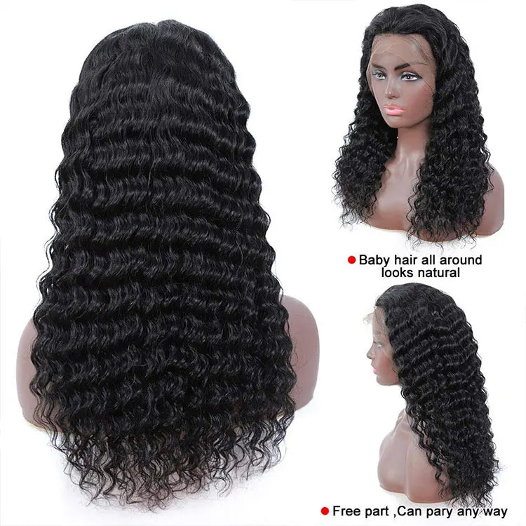 180% Density Peruvian Human Hair Wigs Transparent Lace Front Natural Curly Body Wave Long Swiss HD Lace Frontal Straight Style