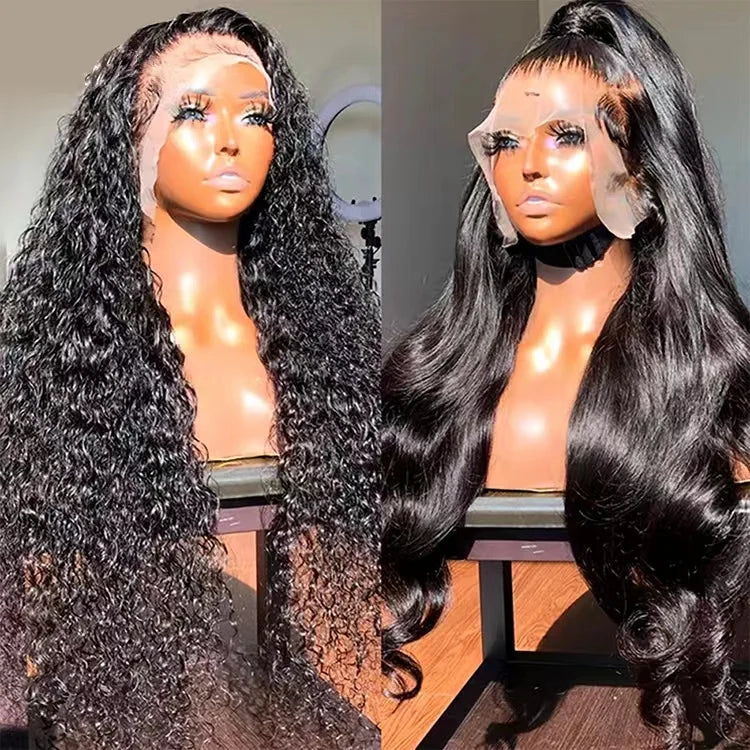 180% Density Peruvian Human Hair Wigs Transparent Lace Front Natural Curly Body Wave Long Swiss HD Lace Frontal Straight Style