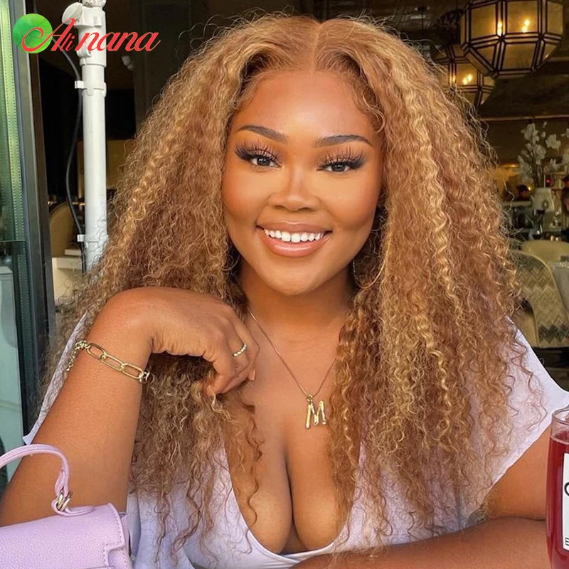 13x6 Honey Blonde Kinky Curly Lace Front Wig Pre-Plucked 180%Density 13x4 Lace Frontal Wigs Highlight Colored Wig Human Hair Wig
