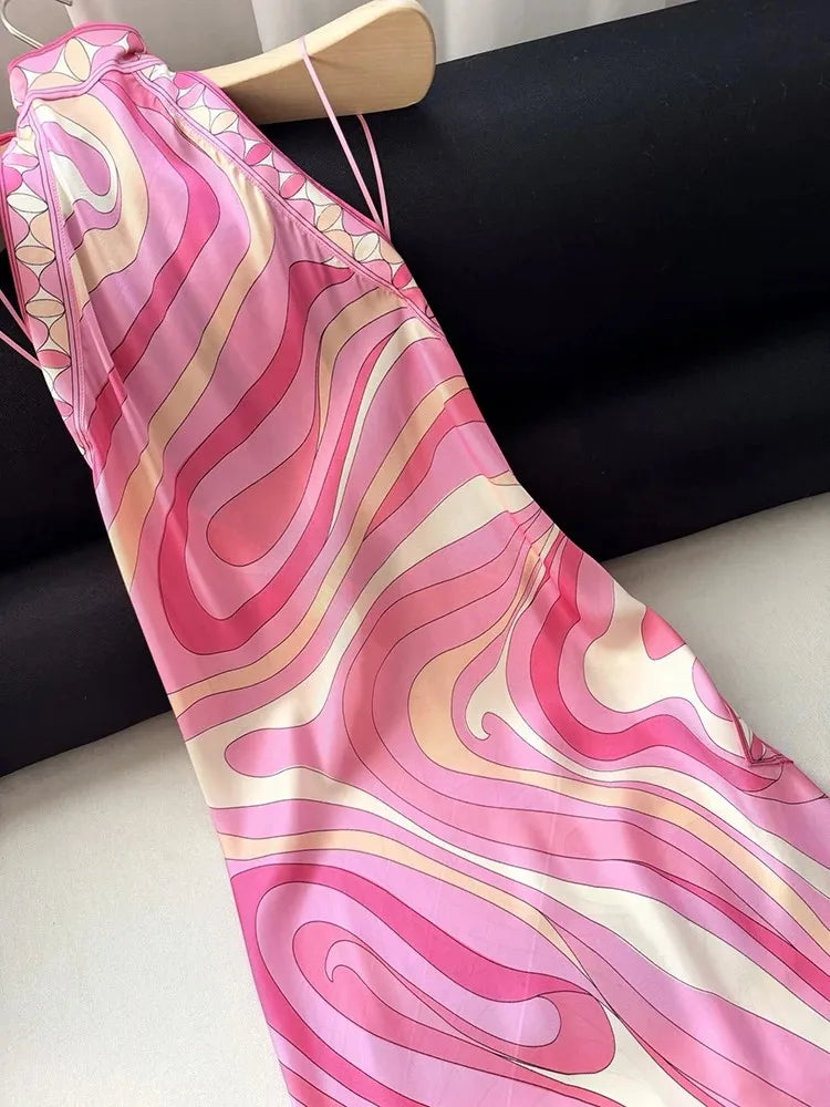 Summer Fashion Beach Style Party Geometric Print Slik Elegant Long Dress Women's Lace-Up Collar Sexy Backless Slim Dress