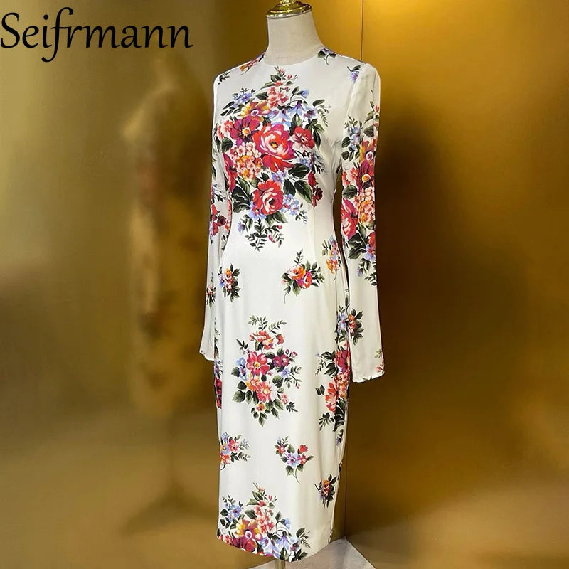 Seifrmann Summer New Women's Dress Long Sleeved Elegant Print High Waist Slim-Fit Hip Wrap Silk Straight Dresses