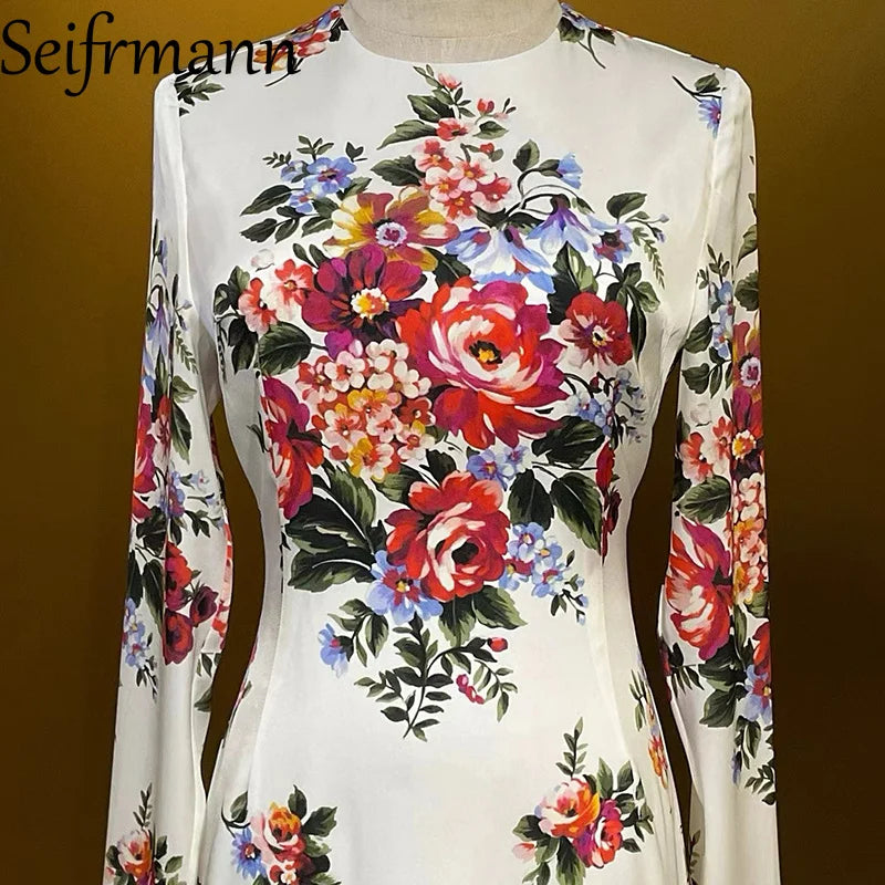 Seifrmann Summer New Women's Dress Long Sleeved Elegant Print High Waist Slim-Fit Hip Wrap Silk Straight Dresses