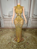 Luxury Mirror Rhinestones Long Dress for Women Singer Celebrity Evening Party Catwalk Prom Outfit Stage Photo Shoot Dresses