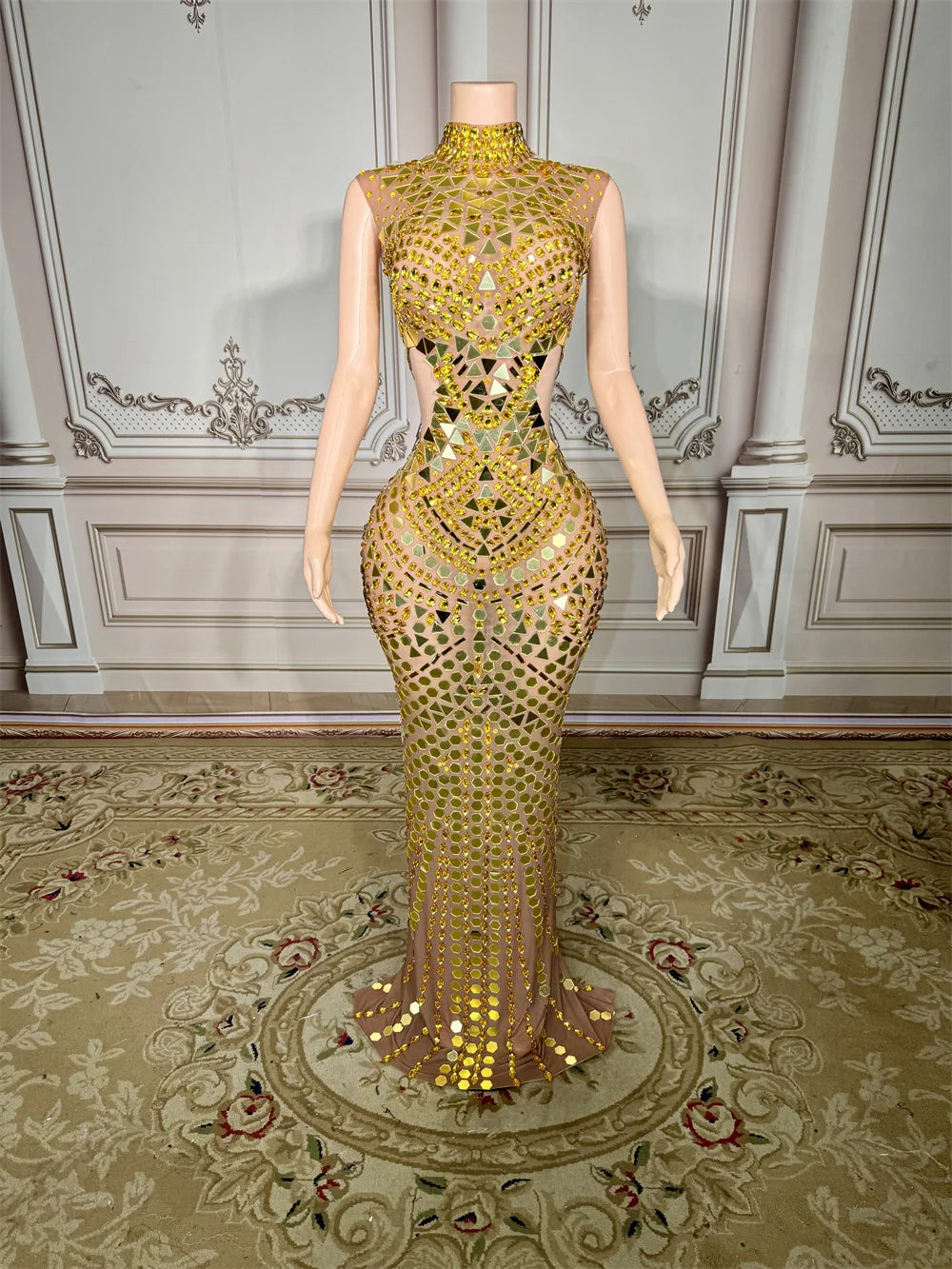 Luxury Mirror Rhinestones Long Dress for Women Singer Celebrity Evening Party Catwalk Prom Outfit Stage Photo Shoot Dresses