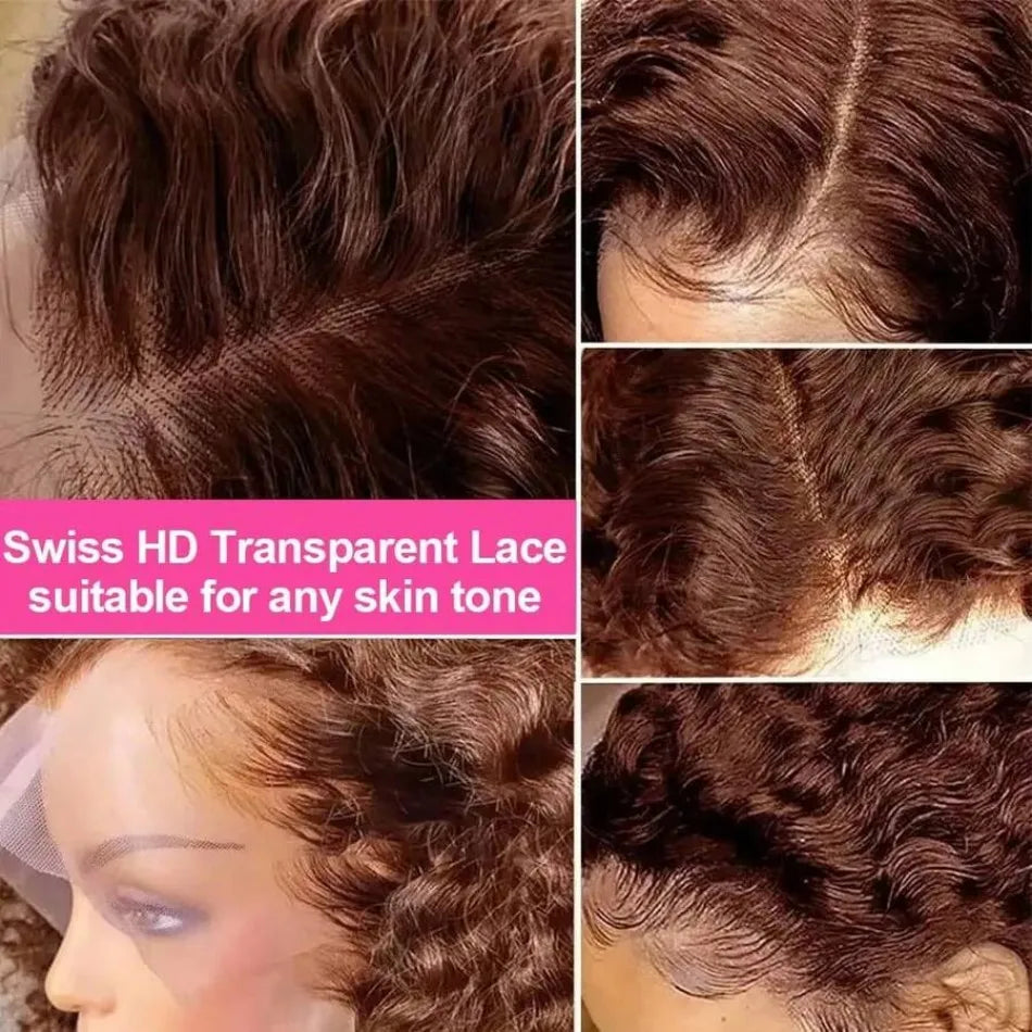 Chocolate Brown Deep Wave Human Hair Wigs Brazilian Curly Lace Front Wig 250 Density 13X6 Hd Lace Frontal Wig Preplucked 30 Inch