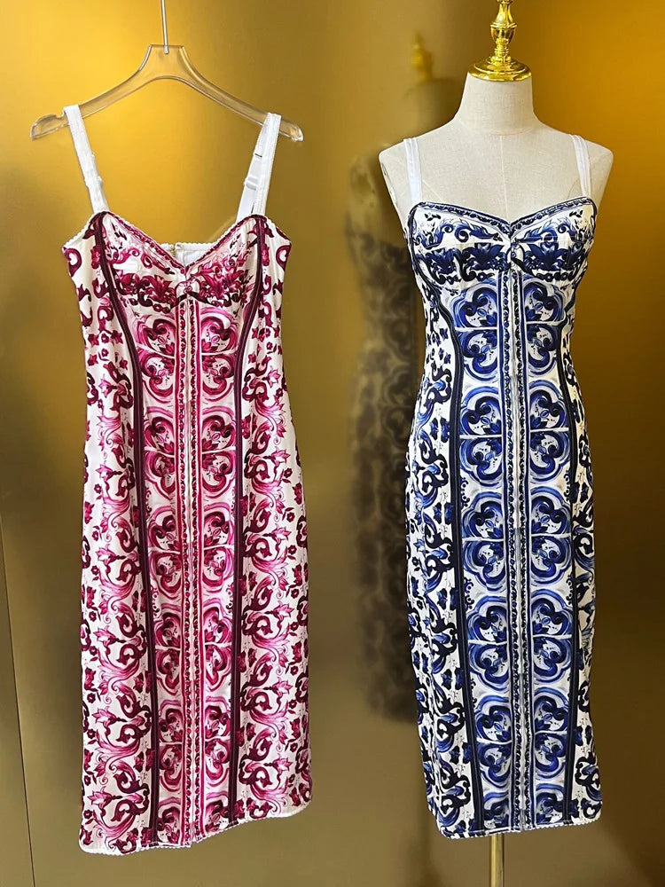 Summer Silk Bustier Midi Dress Women's Elegant Spaghetti Strap Porcelain Print Beach Party Sexy Bodycon Vacation Evening Dress