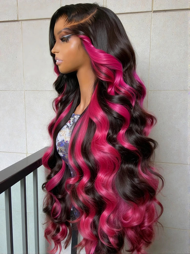 Brazilian 1B/Pink Ombre 13x4 13x6 HD Lace Front Wigs 220% Density Body Wave Highlight Wig Human Hair Pink And Black Colored Wig