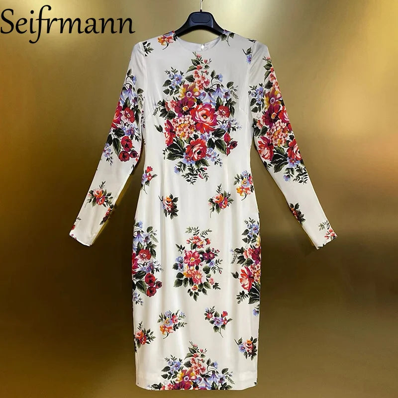 Seifrmann Summer New Women's Dress Long Sleeved Elegant Print High Waist Slim-Fit Hip Wrap Silk Straight Dresses