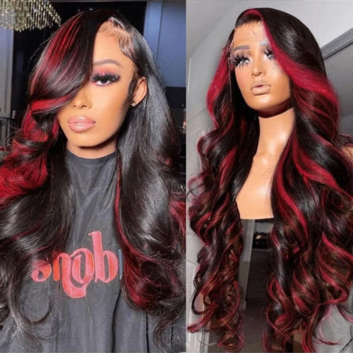 Red Blonde Highlights Body Wave 5x5 Glueless Wigs 30 Inch Human Hair Ombre Burgundy for Women Pre Plucked with Baby Hair 180%