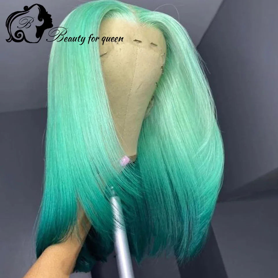 Cosplay Ombre Green Straight Short Bob Brazilian Human Hair Wig Purple Colored Transparent 13x4 HD Lace Frontal Wigs Pre Plucked