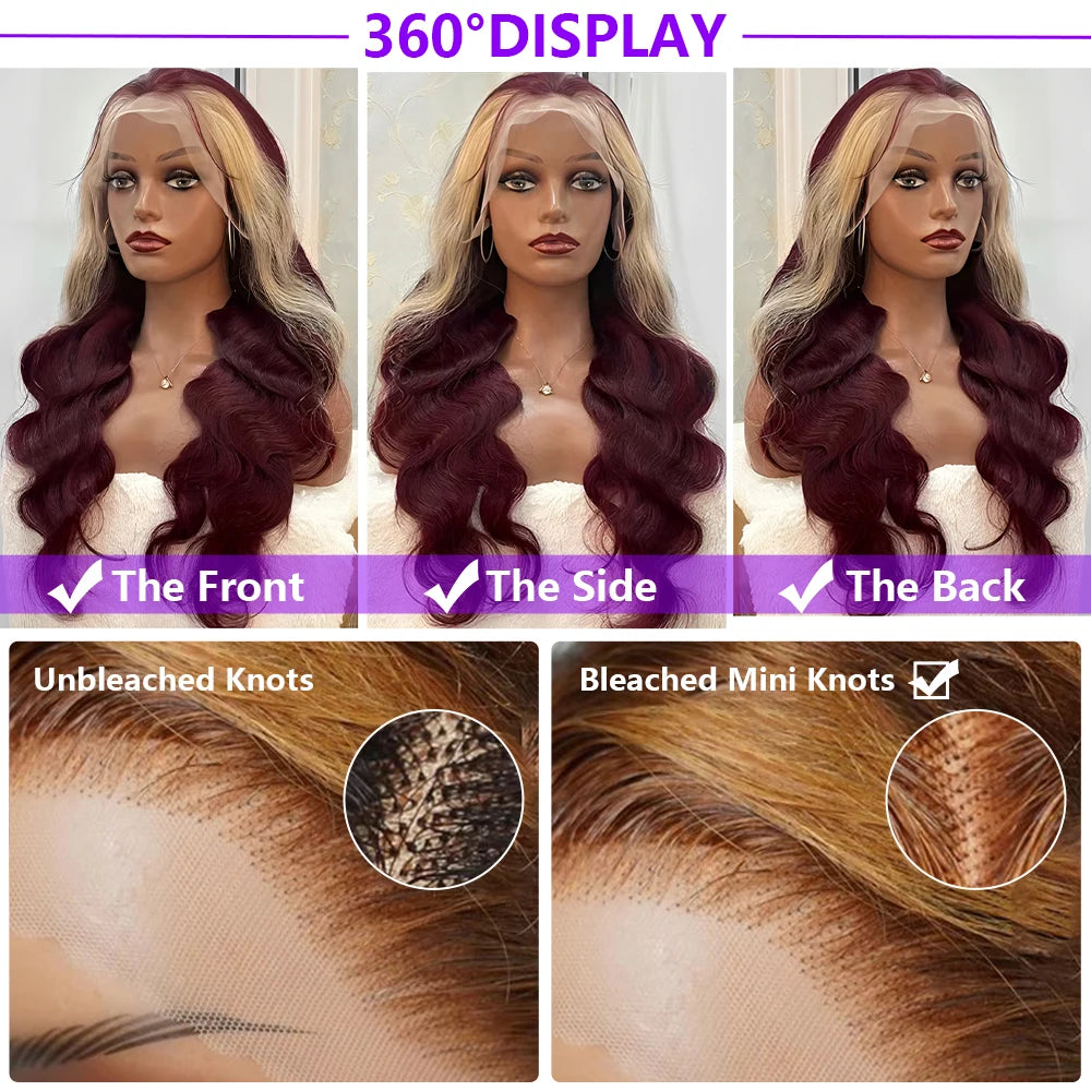 99J/613 Body Wave 13x4 Lace Frontal Highlight Wig Human Hair Brazilian High Density Ombre Blonde With Red Colored Human Hair Wig