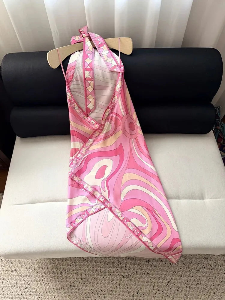 Summer Fashion Beach Style Party Geometric Print Slik Elegant Long Dress Women's Lace-Up Collar Sexy Backless Slim Dress