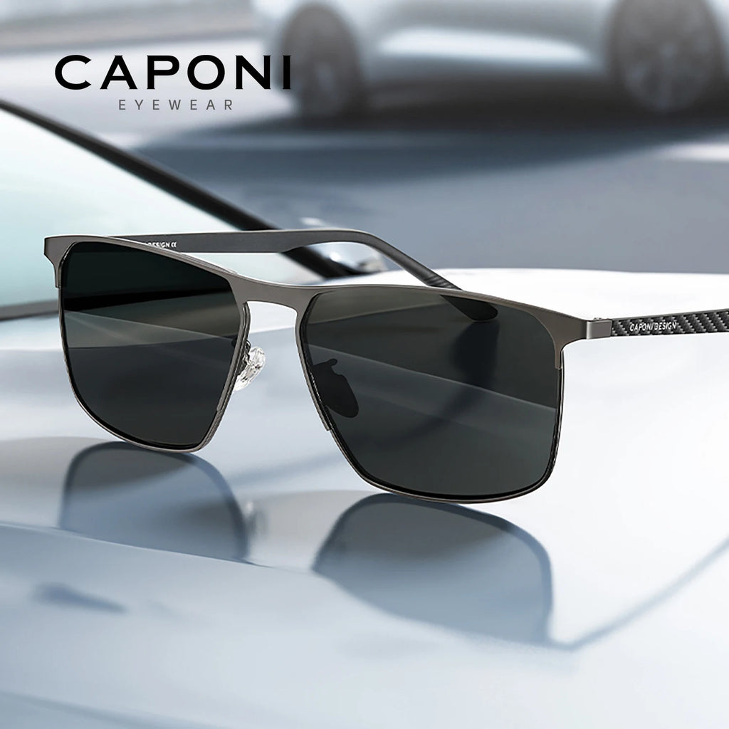 CAPONI Polarized Men Sunglasses Carbon Fiber Driving Outdoor Sun Glasses UV400 Original Designer Glass Lens Black Shades CP28964