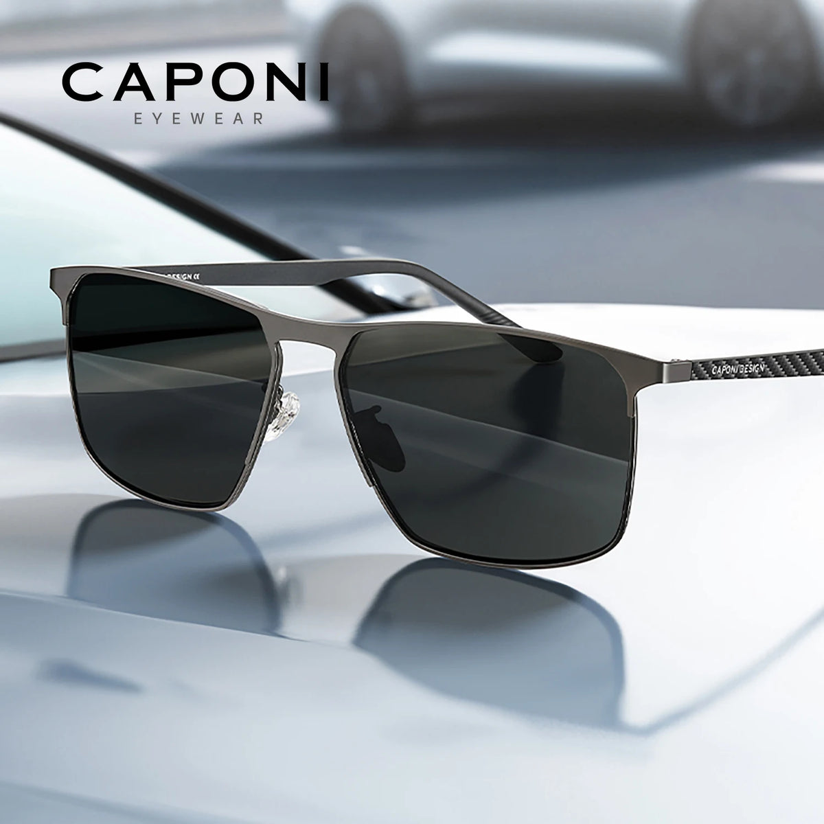 CAPONI Polarized Men Sunglasses Carbon Fiber Driving Outdoor Sun Glasses UV400 Original Designer Glass Lens Black Shades CP28964