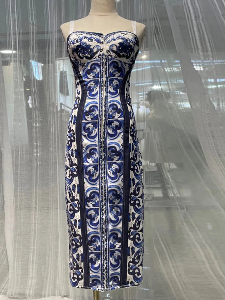 Summer Silk Bustier Midi Dress Women's Elegant Spaghetti Strap Porcelain Print Beach Party Sexy Bodycon Vacation Evening Dress