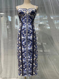 Summer Silk Bustier Midi Dress Women's Elegant Spaghetti Strap Porcelain Print Beach Party Sexy Bodycon Vacation Evening Dress