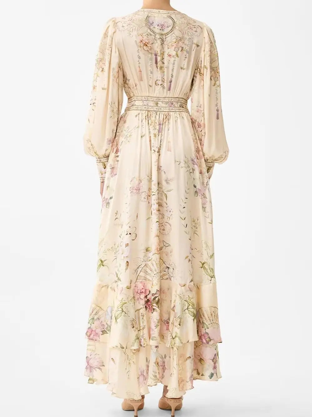 100% Silk Women Ruffles Layered Long Dress Crystal Beaded Flower Print Lantern Sleeve V-Neck Single Breasted Elegant Robe