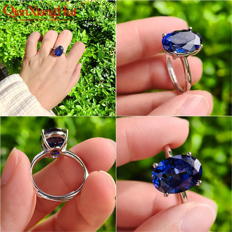 8.5ct 10*14mm Oval Cut 925 Silver Adjustable Ring Pink Pigeon Blood Red Cornflower Blue Yellow Lab Sapphire for Jewelry Dating
