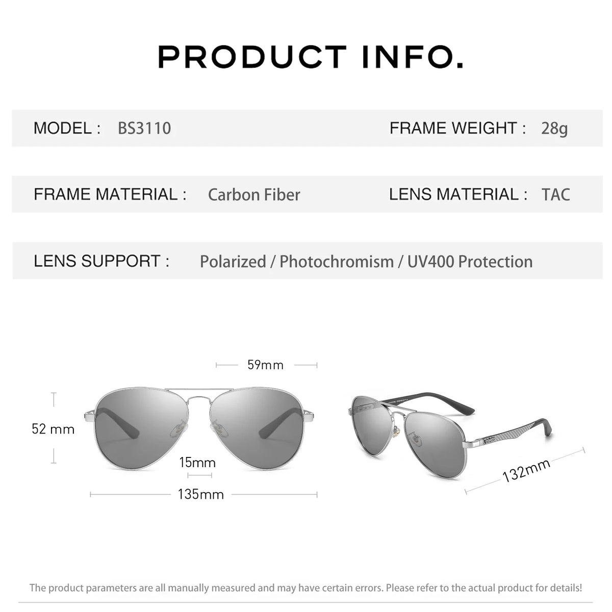 CAPONI Pilot Sunglasses Carbon Fiber Arm Sun Glasses For Men Photochromic Polarized Double Bridge Brand Design Eyewear BS3110