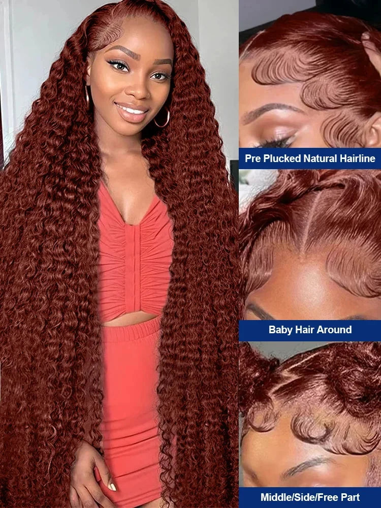 Reddish Brown Deep Wave 13x6 HD Lace Frontal Wig Colored Pre Plucked 40 Inch Curly 13x4 360 Lace Front Human Hair Wigs For Women