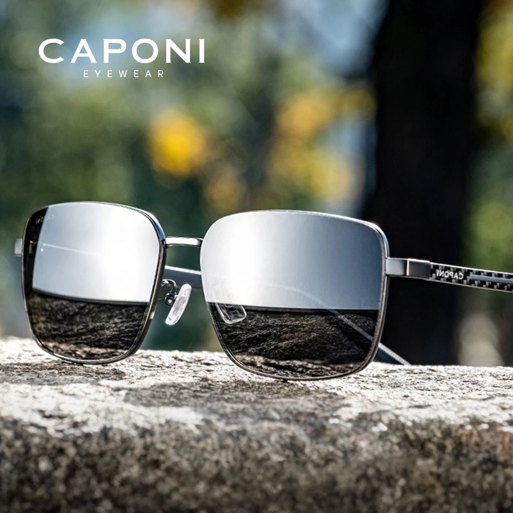 CAPONI Polarized Men Sunglasses Carbon Fiber Outdoor Photochromic Driving Sunglasses UV400 Brand Designer Black Shades BS24704