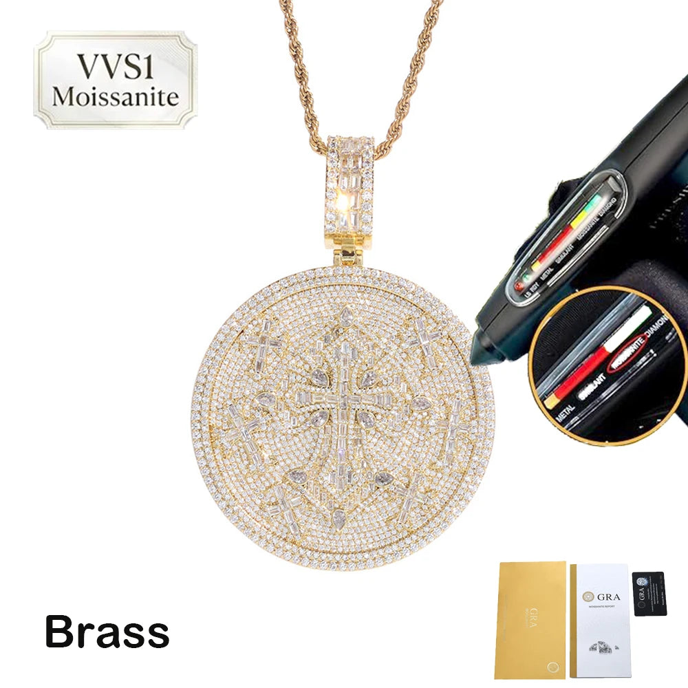 Hip Hop Custom VVS1 Moissanite Cross Circle Pendants Necklaces Iced Out Brass Personalized Men Pendant with Passed Diamond Test