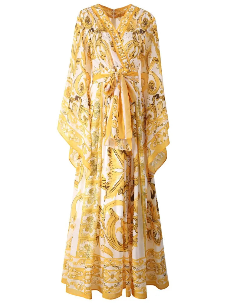 Women Silk Maxi Wrap Dress Porcelain Print Chiffon Boho Beach Evening Gown Flared Sleeves Summer Wedding Party