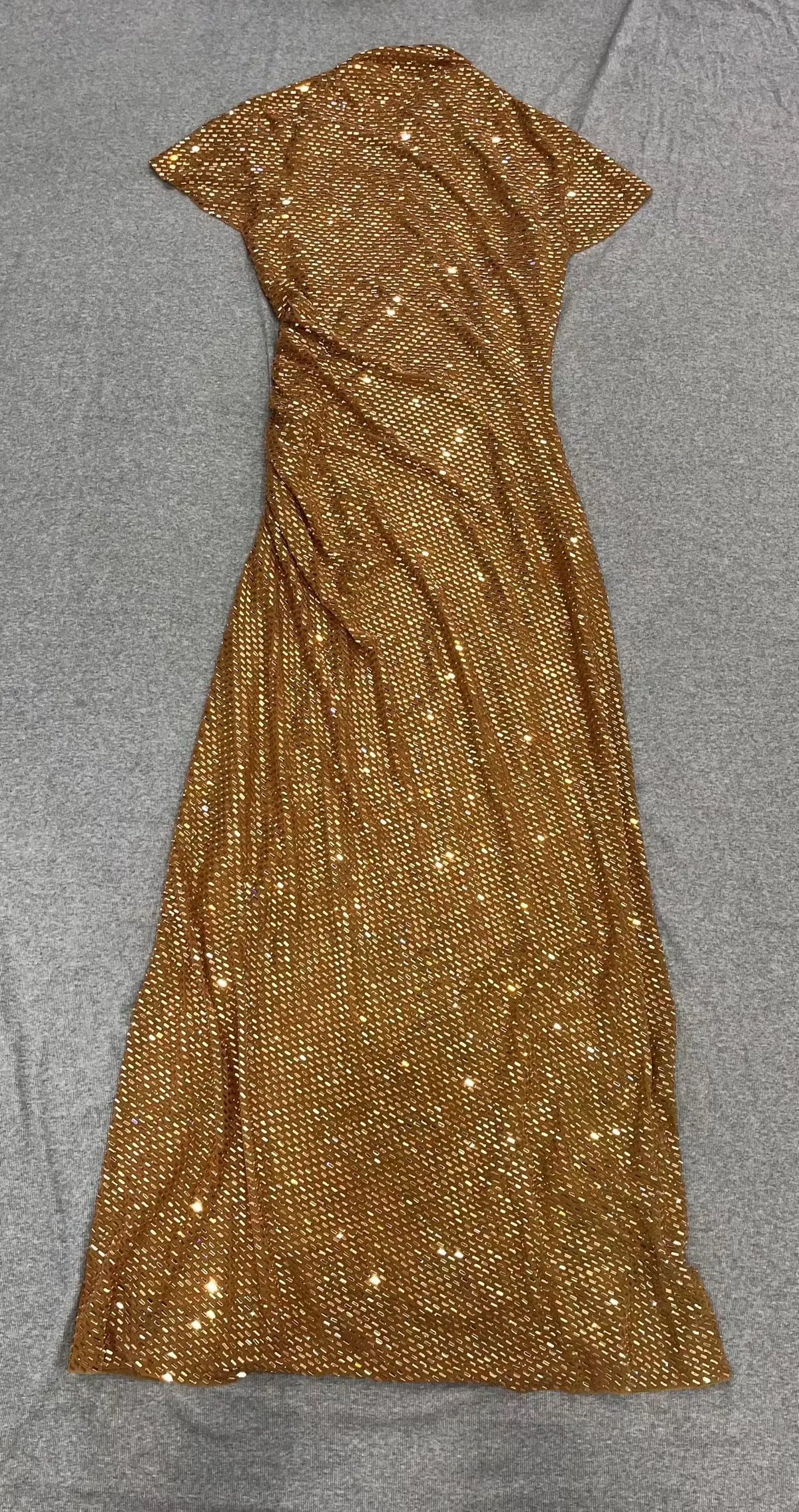 Women Golden rhinestone midi dress asymmetrical neckline short sleeve dress