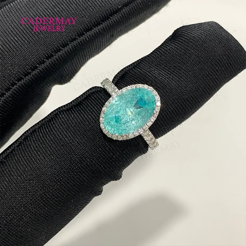 Classic Halo Moissanite 8x12mm Oval Shape Blue Neon Paraiba Yttrium Aluminum Garnet Lab Paraiba Rings for Women Gift Party