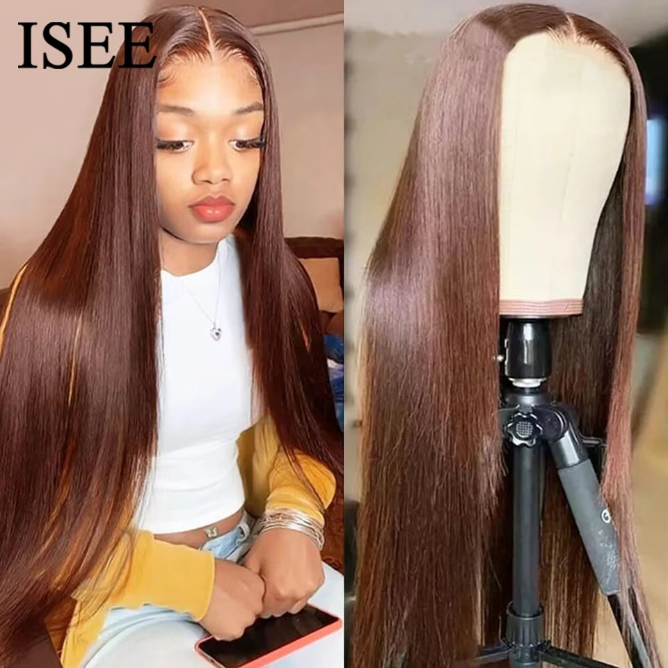 ISEE Hair #4 Wear And Go Chocolate Brown Straight Wig 7x5 Transparent Lace Front Glueless Human Hair Wigs Pre Cut PrePlucked