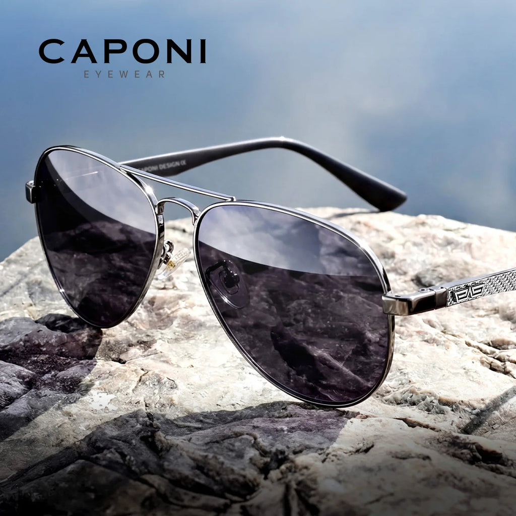 CAPONI Pilot Sunglasses Carbon Fiber Arm Sun Glasses For Men Photochromic Polarized Double Bridge Brand Design Eyewear BS3110