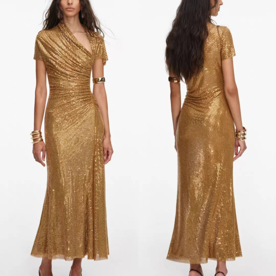 Women Golden rhinestone midi dress asymmetrical neckline short sleeve dress