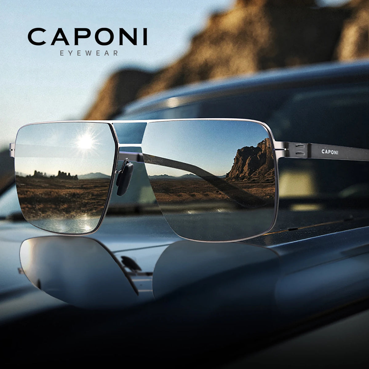 CAPONI New Polarized Men Sunglasses Photochromic High Quality Stainless Steel Outdoor Sun Glasses Anti Glare Black Shade BS34730