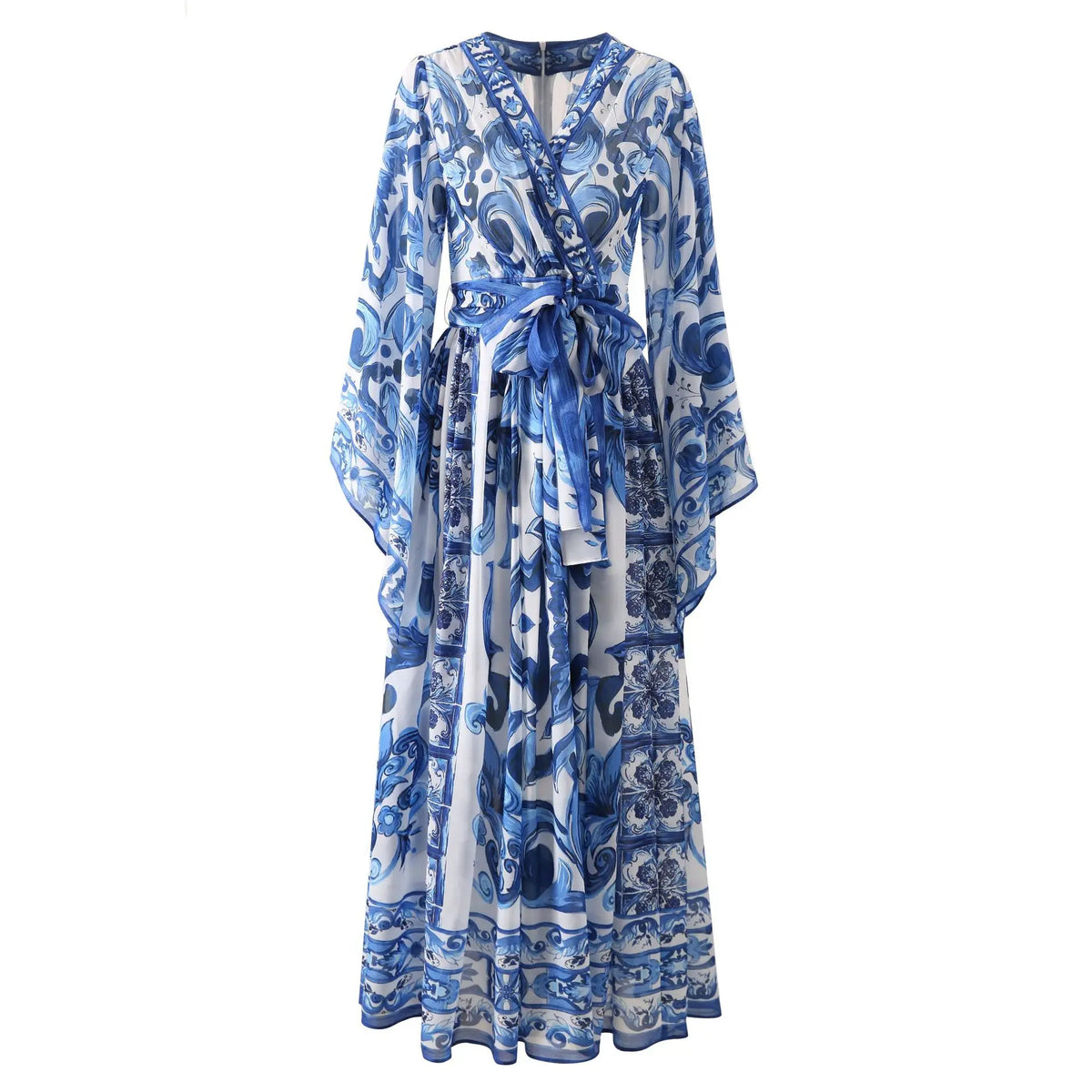 Women Silk Maxi Wrap Dress Porcelain Print Chiffon Boho Beach Evening Gown Flared Sleeves Summer Wedding Party