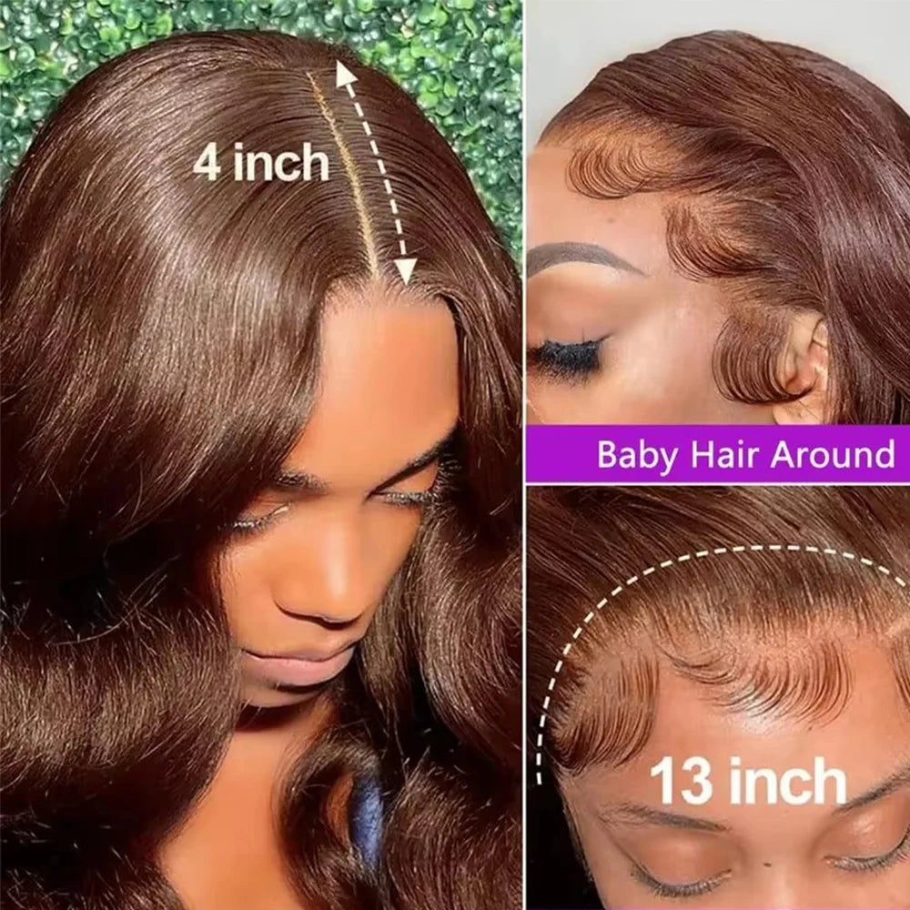 36 38 Inch Body Wave Chocolate Brown Lace Front Wigs Human Hair Pre Plucked Brazilian Virgin Hair 13x4 HD Frontal Wig For Women