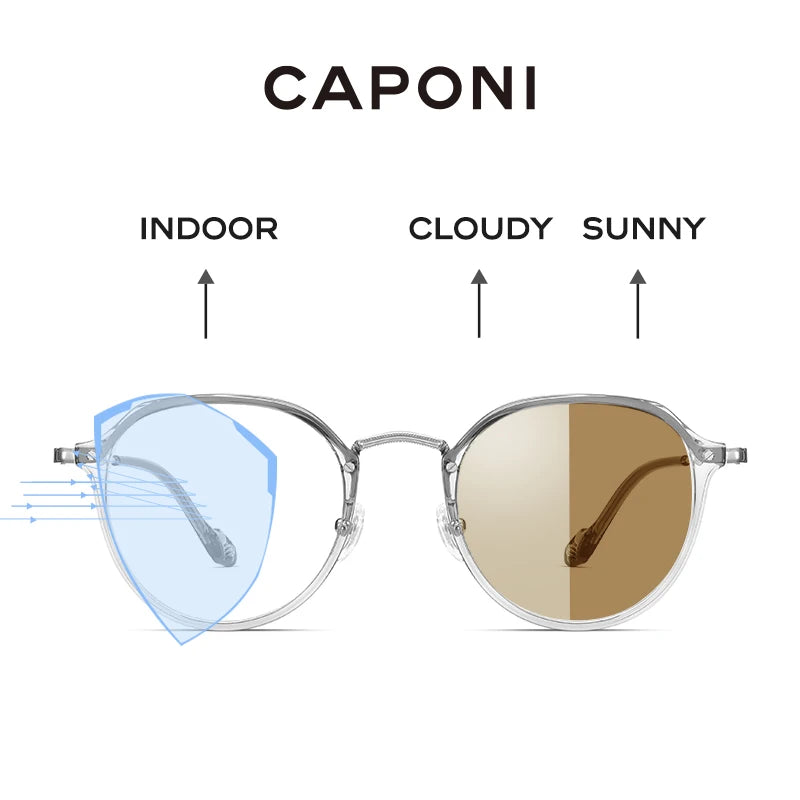 CAPONI Photochromic Brown Glasses TR-90 Titanium Frame Glasses Women's Blue Ray Protect Computer Brand Design Eyeglasses BF8076