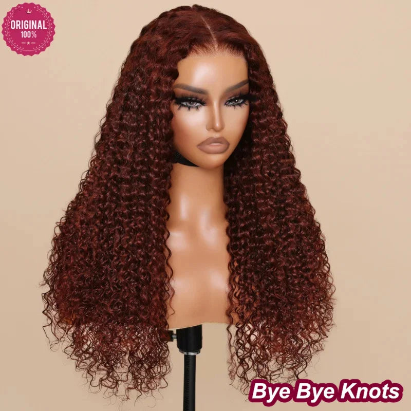 Beautyforever 7x5 Bye Bye Knots Glueless Human Hair Wig Jerry Curly Reddish Brown Color HD Transparent Lace Front Wig 180%