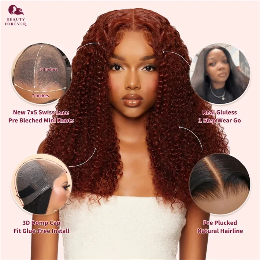 Beautyforever 7x5 Bye Bye Knots Glueless Human Hair Wig Jerry Curly Reddish Brown Color HD Transparent Lace Front Wig 180%