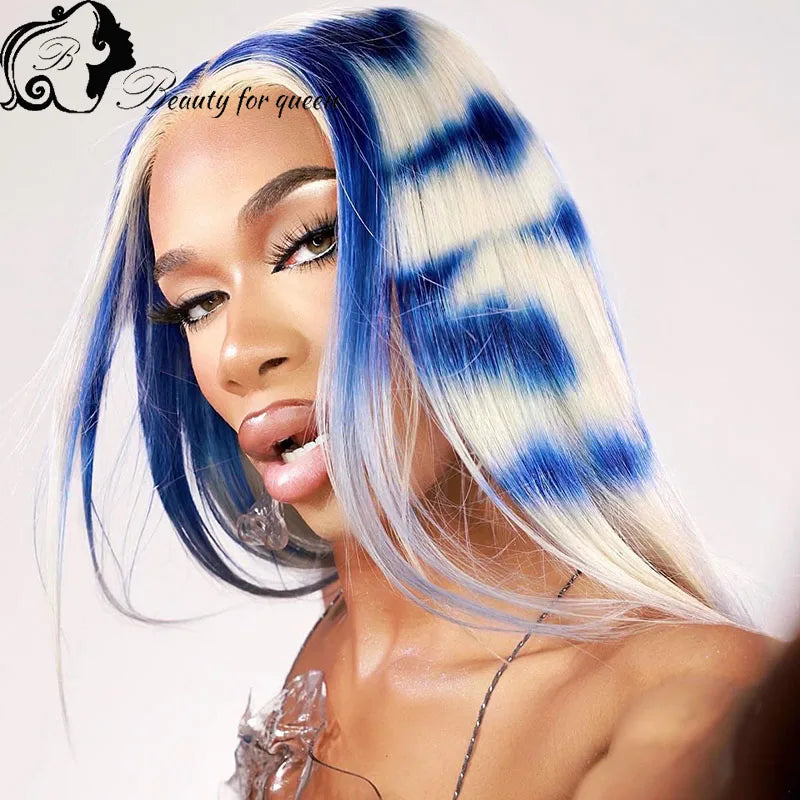 Cosplay Highlight Straight With Pattern Brazilian Colored Pink Blue Human Hair Wig Transparent 13x4 Lace Frontal Wigs For Women