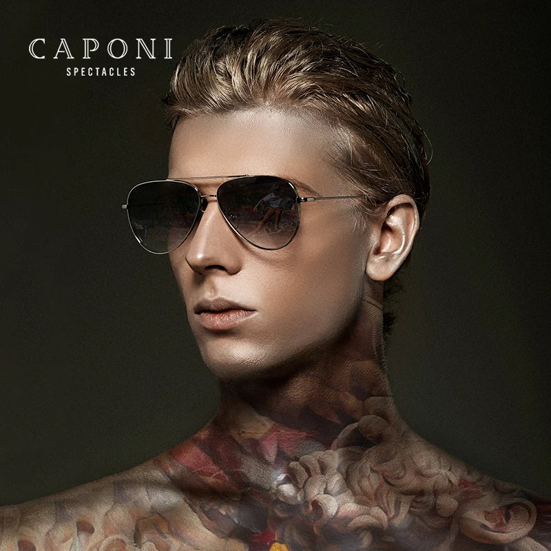 CAPONI Gradient Gray Men's Sunglasses Outdoor Fashion Travel Alloy Original Brand Sun Glasses For Male UV400 Sunglasses CP7538