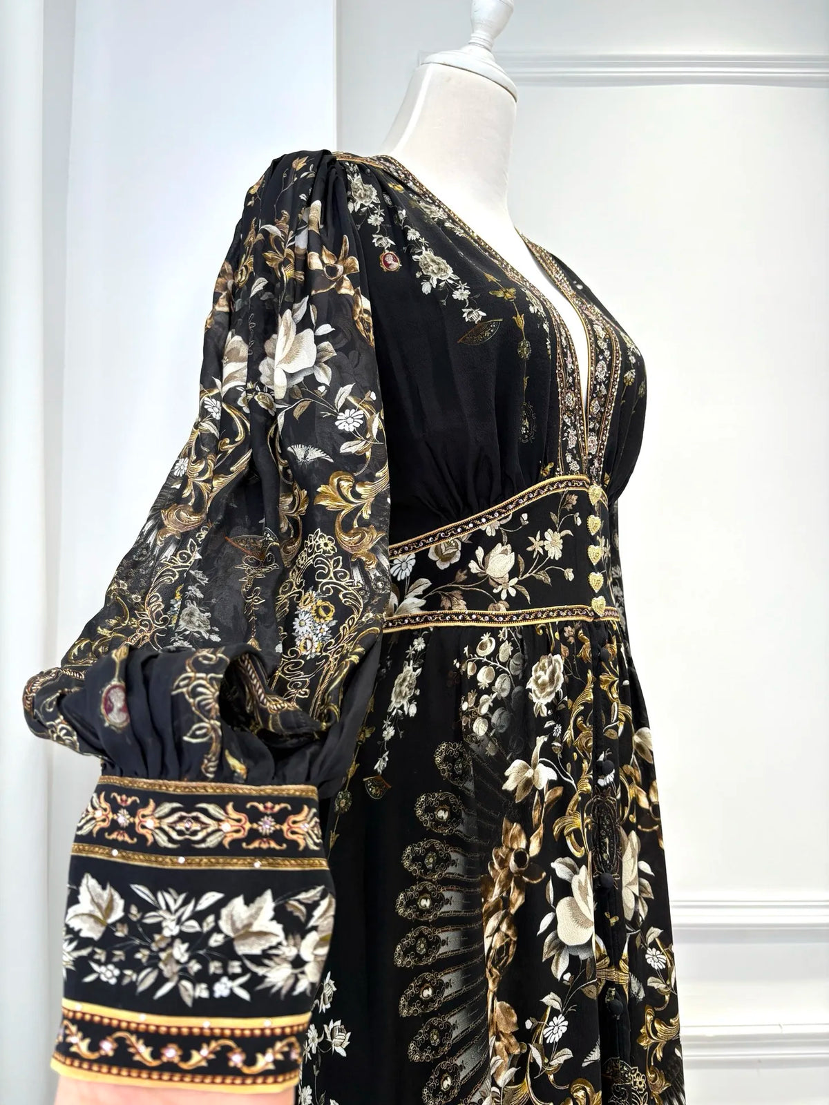 Crystal Beaded Women 100% Silk Maxi Dress Floral Printed V-Neck Elastic Waist Lantern Sleeve Vintage Black Robe