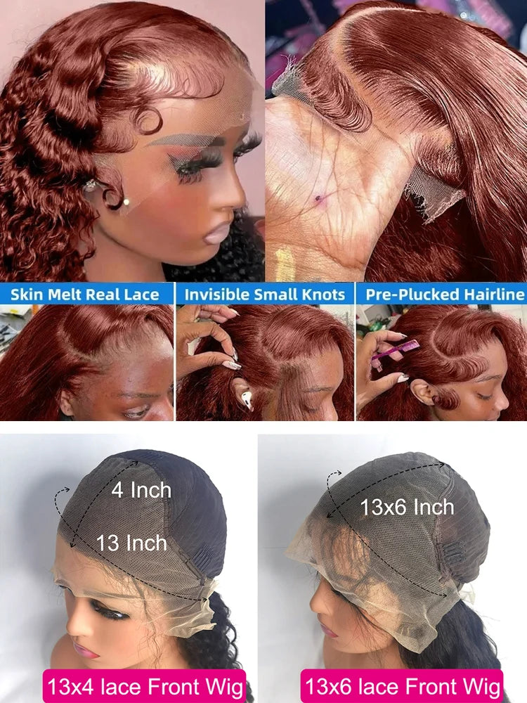 Reddish Brown Deep Wave 13x6 HD Lace Frontal Wig Colored Pre Plucked 40 Inch Curly 13x4 360 Lace Front Human Hair Wigs For Women